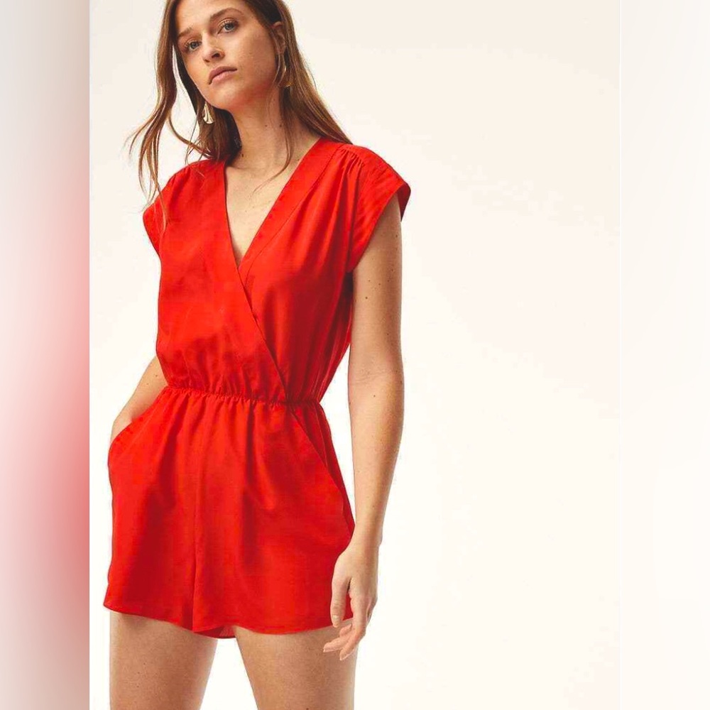 Babaton by Aritzia Corbett Silk Romper,
Red, Size XS